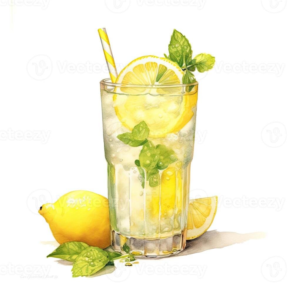 Watercolor, lemon and cocktail. A glass of lemonade on a white background. photo