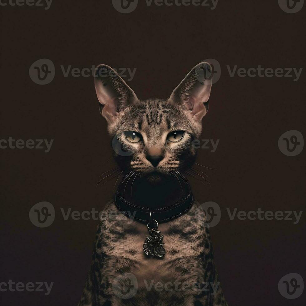 Studio portrait of an Egyptian cat with big ears on a dark background. Generative AI. photo