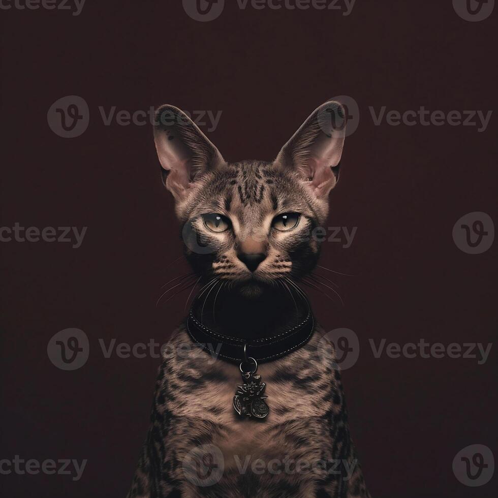 Studio portrait of an Egyptian cat with big ears on a dark background. . photo