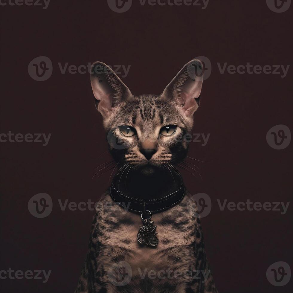 Studio portrait of an Egyptian cat with big ears on a dark background. Generative AI. photo