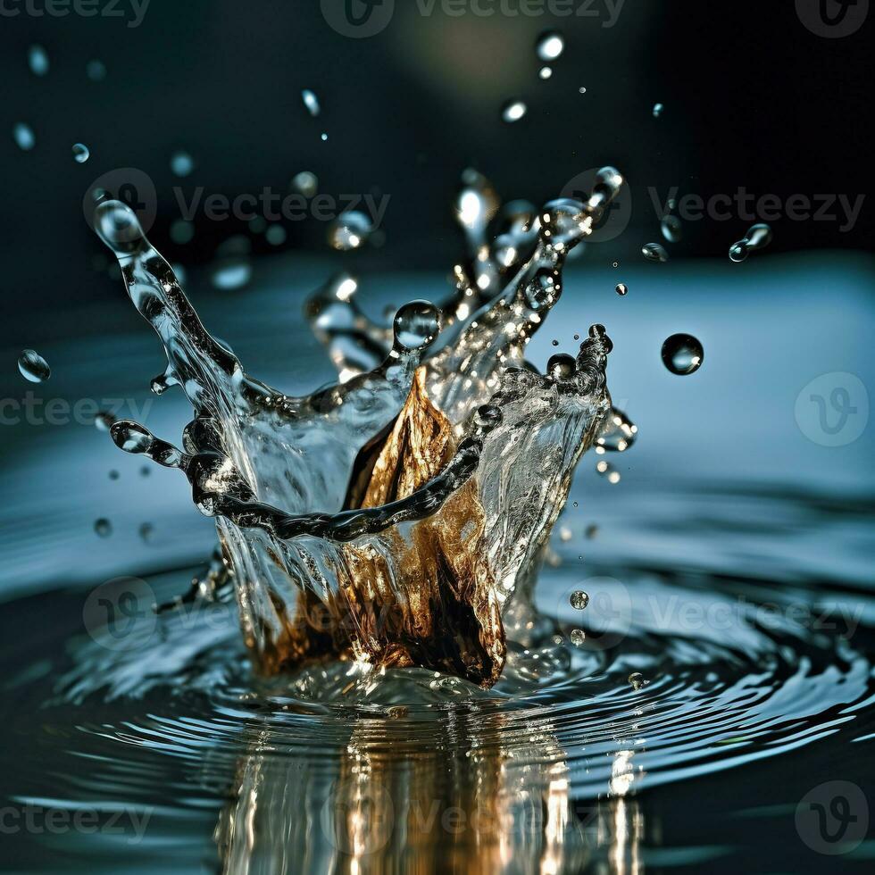 Splashes and drops on the water from the falling golden object. Generative AI photo