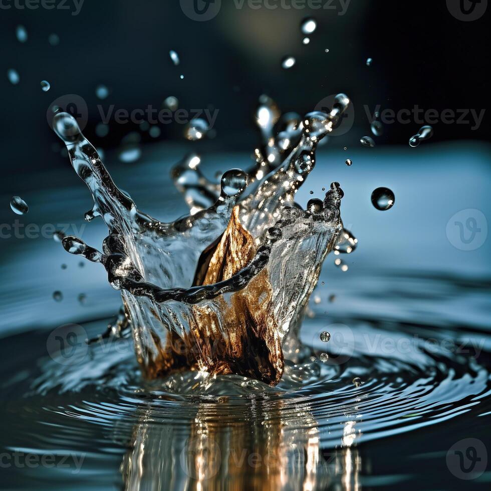 Splashes and drops on the water from the falling golden object. photo