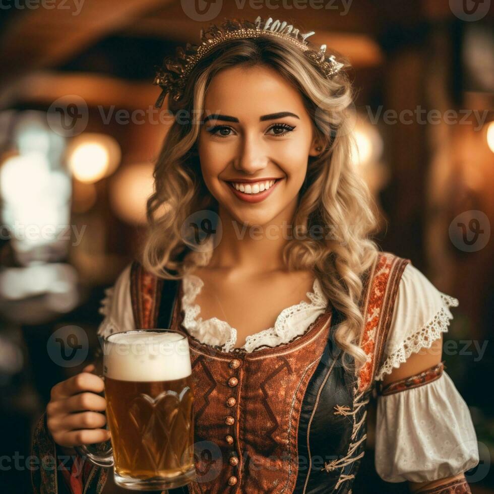 linda rubia con cerveza en un nacional bávaro atuendo en un borroso antecedentes de un pueblo pub. generativo ai foto