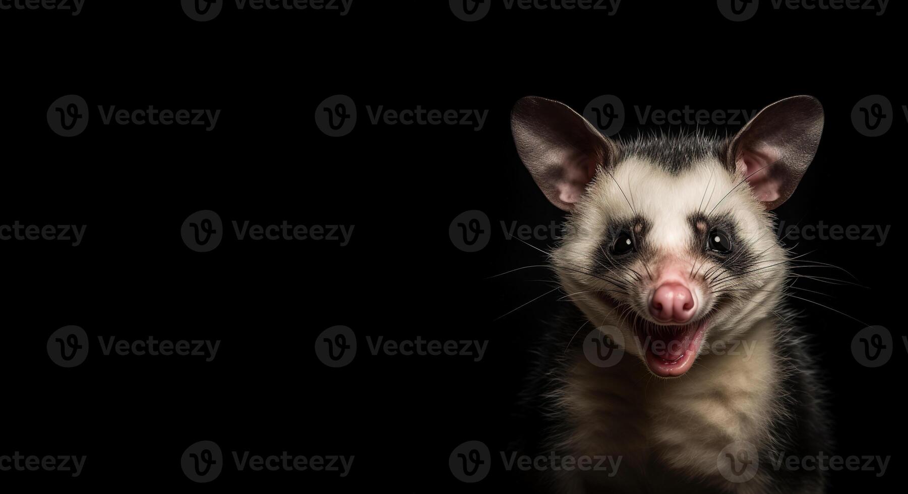 Virginia Opossum Didelphis virginiana. Studio portrait of a smiling possum. Wild exotic animal. . photo