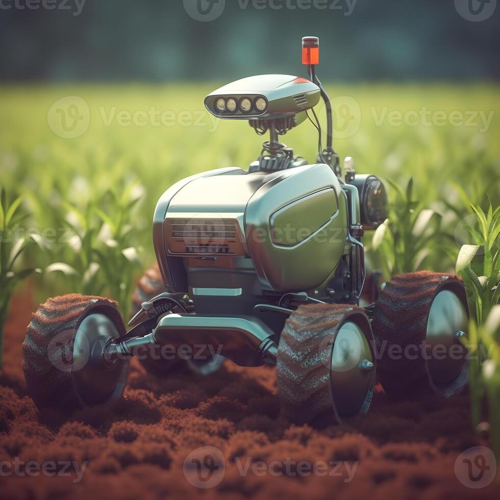Agrorobot. Smart robotic farmers concept. Farm automation. Modern technologies in agriculture. Blurred background of the field. photo