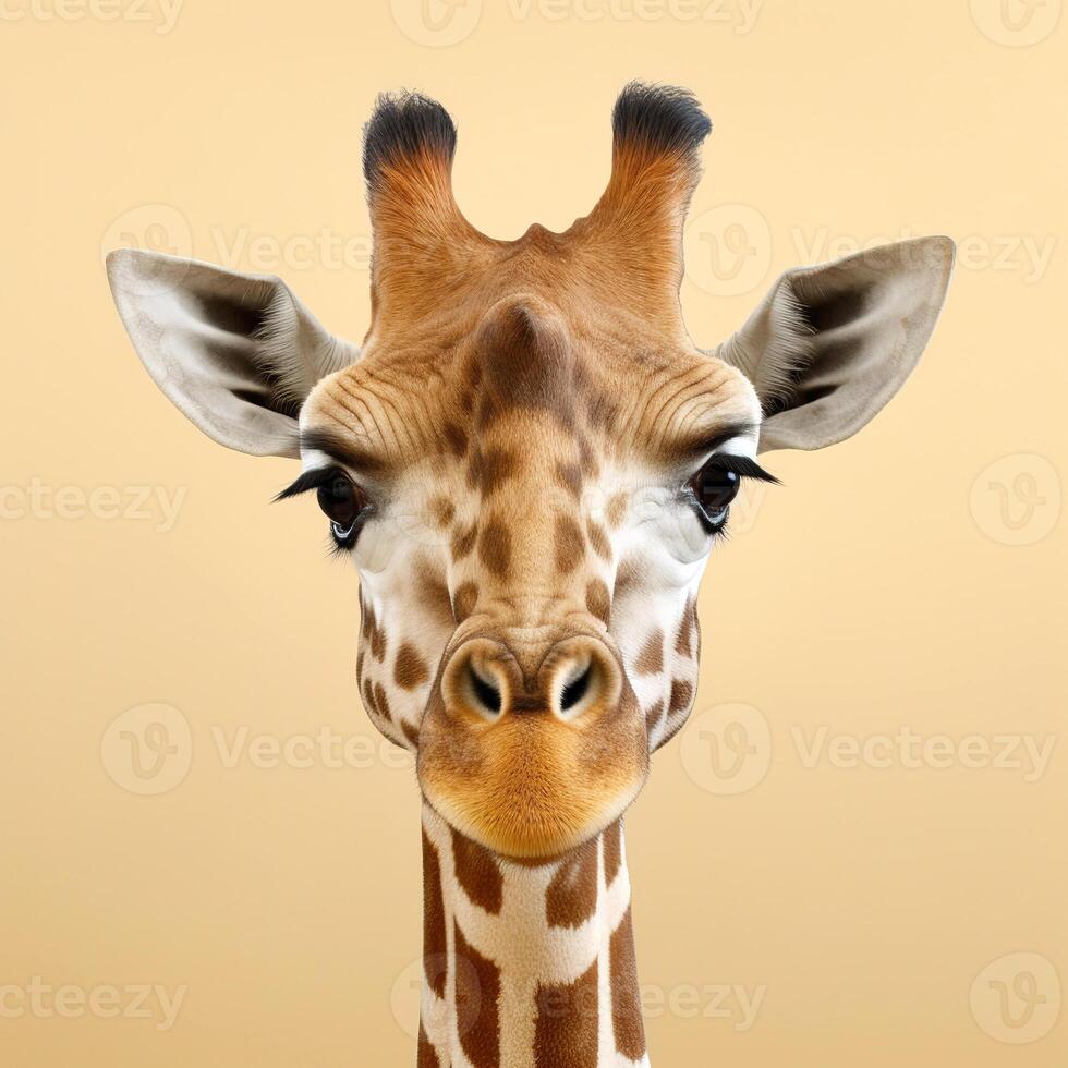 Portrait of a male reticulated giraffe against a beige background