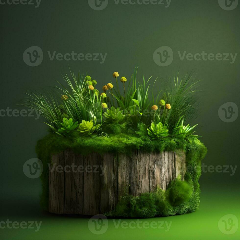 Tree stump overgrown with moss on a green background with copy space - eco style. Botanical composition with small plants. Generative AI photo