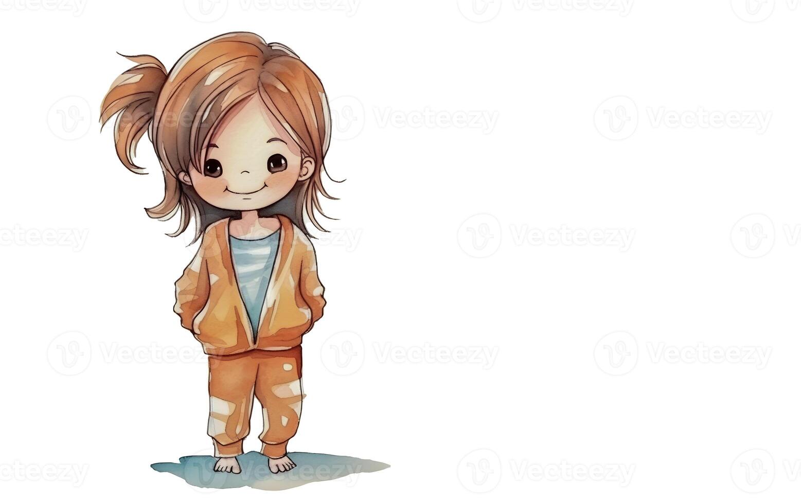 Cute red-haired girl in pajamas and barefoot on a white background with space for text. Child in orange suit, watercolor texture. Design for cover, postcard, invitation. . photo