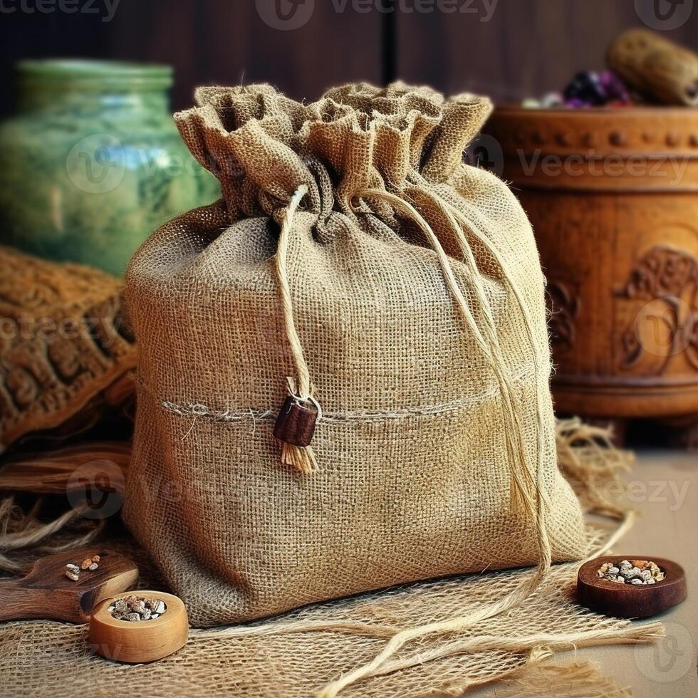 Handmade bag made of burlap. Eco-packaging in a rustic retro style. Generative AI photo