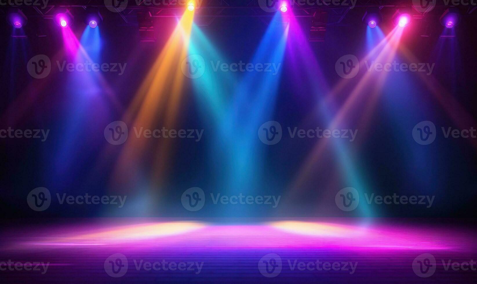 Empty stage with colorful spotlights. Scene lighting effects photo