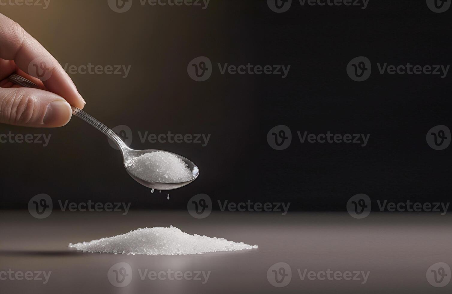 White salt in a spoon on a black background in the hand. . photo