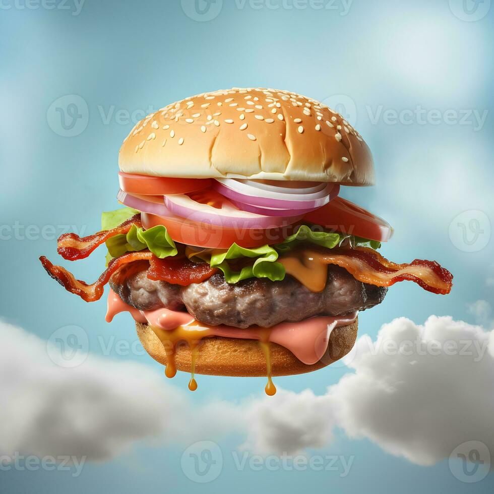 An appetizing hamburger soars in the sky. Big meat burger with vegetables on a blue background with white clouds. Generative AI photo