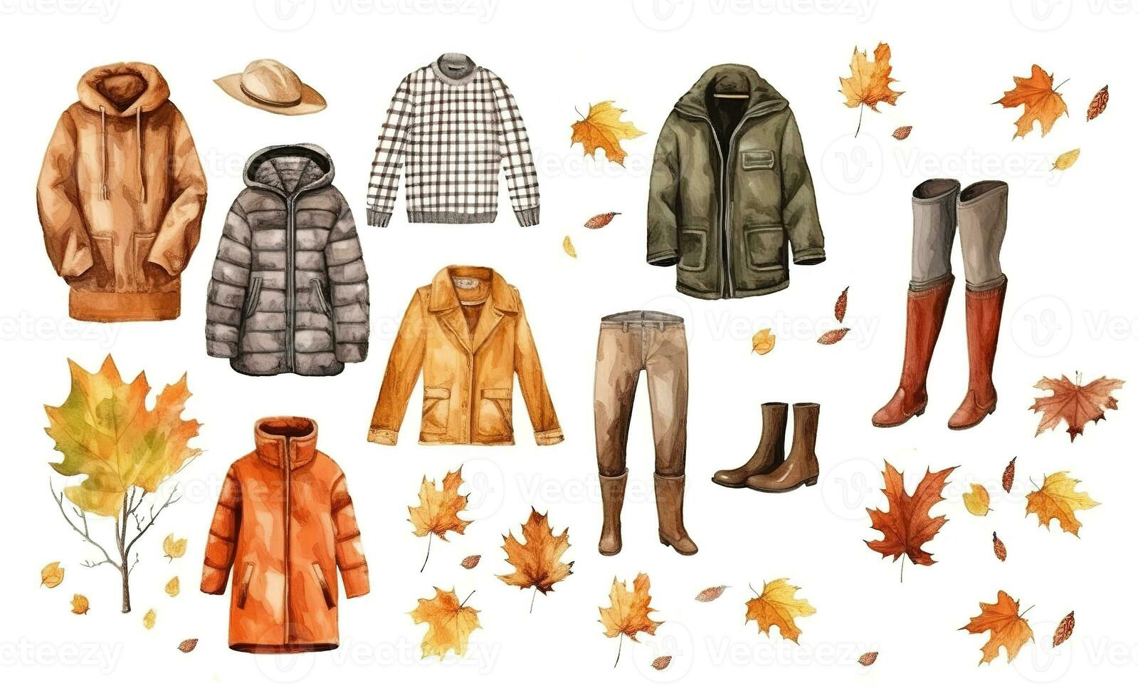 Watercolor collection of autumn clothes. Collection of autumn dresses on a white background. Design for school albums, stickers, clippings. photo