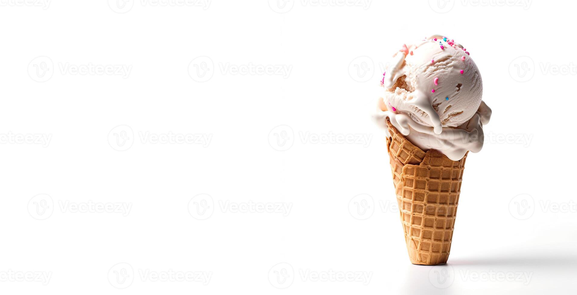 Realistic waffle icecream cone with sorbet on white background with copy space. Frozen dessert for children and adults. Generative AI photo