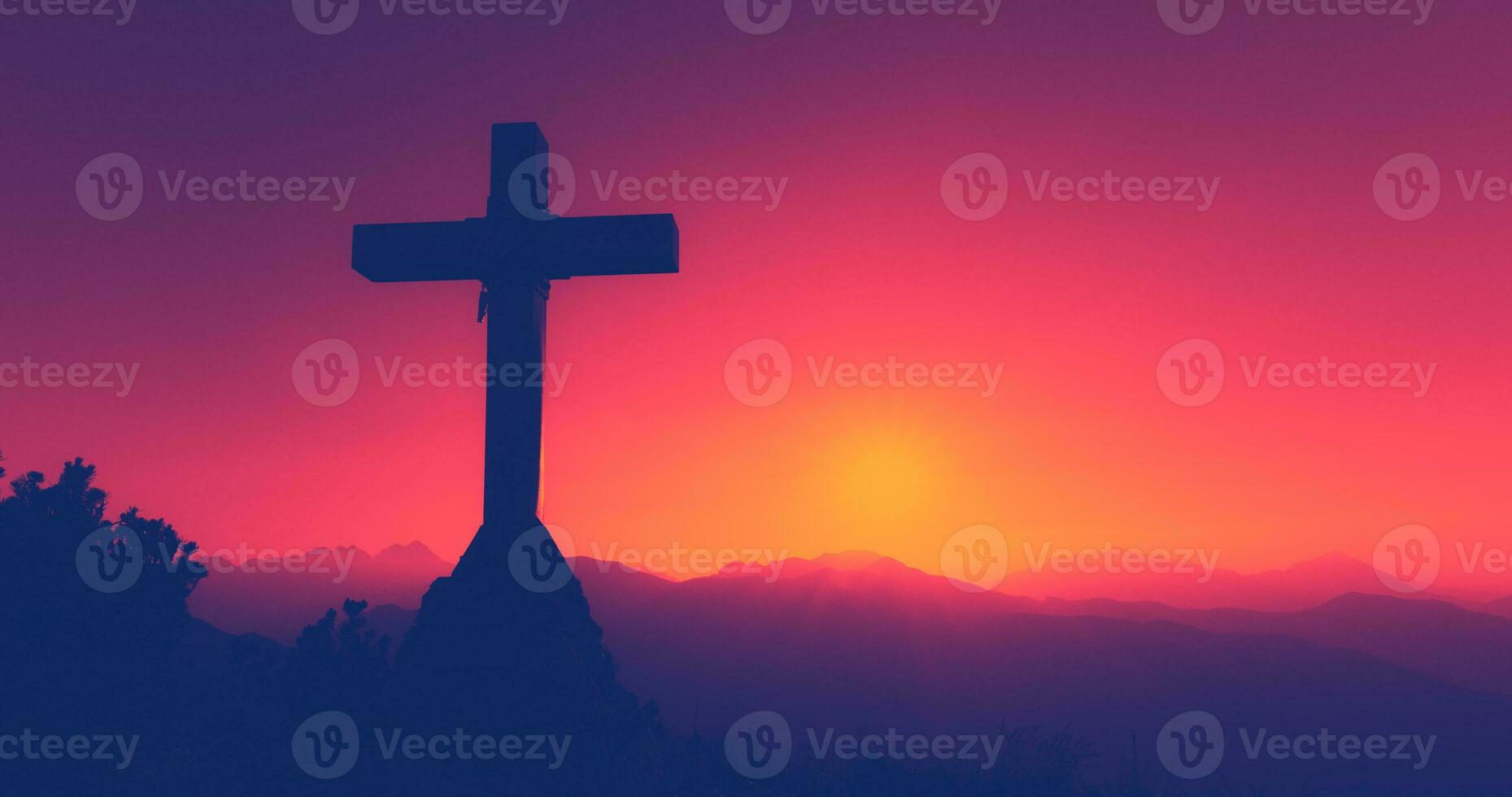 Cross in the mountains with colored background photo