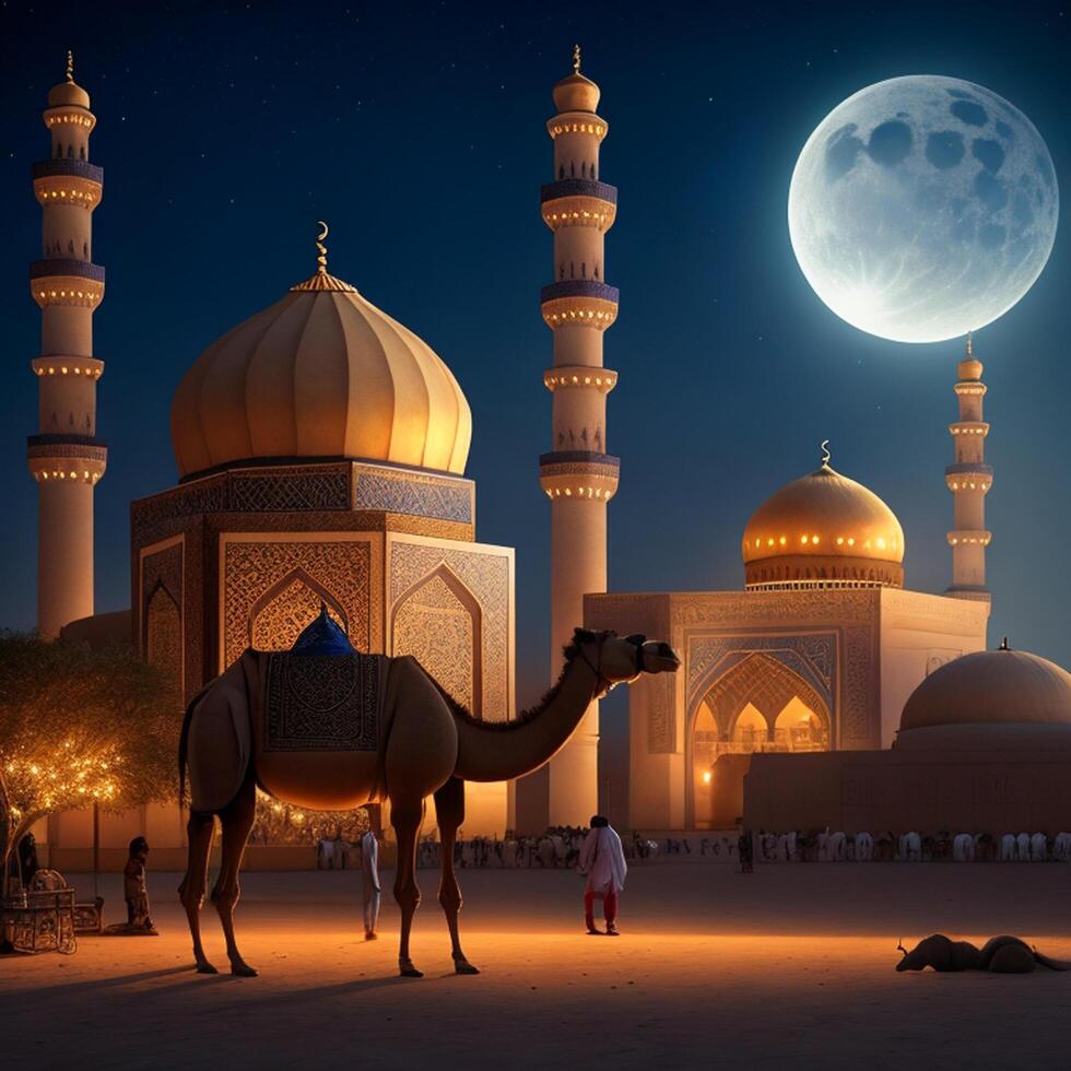 Photo eid al adha greeting poster with camel and mosque in beautiful night