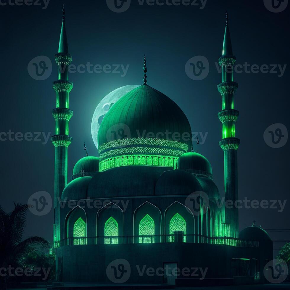 Photo a large mosque with a green light in the dark