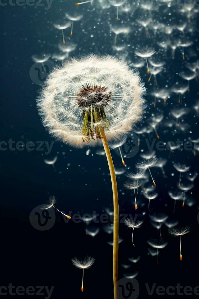 Dandelion seeds, tumbling through the air. AI generative photo