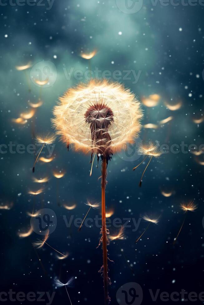 Dandelion seeds, tumbling through the air. AI generative photo