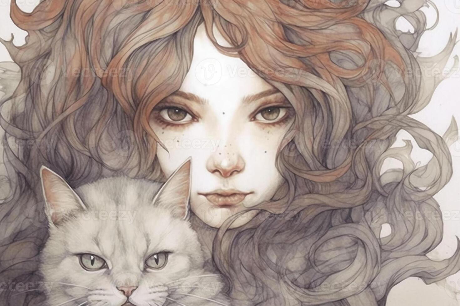 Sweet grey kitty with a heavy set woman with curly light brown hair with grey streaks in the style of line art and watercolor. photo