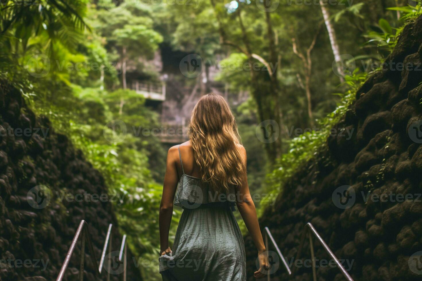Photo of the back of a woman in summer clothes running toward tropical forests and waterfalls. AI generative
