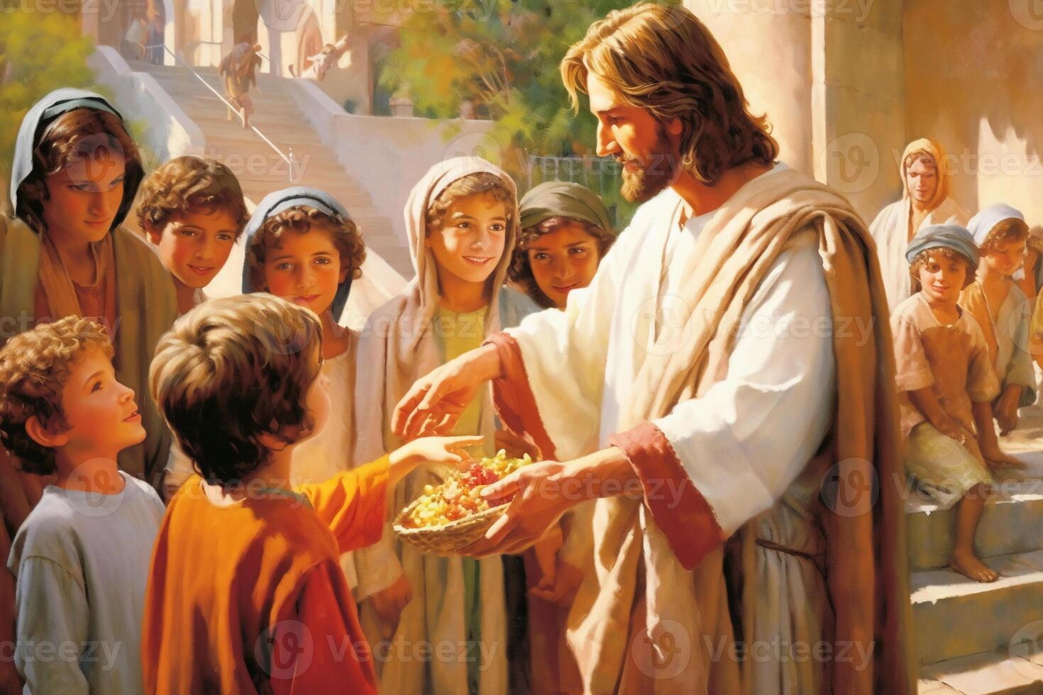 Illistration of Jesus gives bread to a group o children. AI generative photo