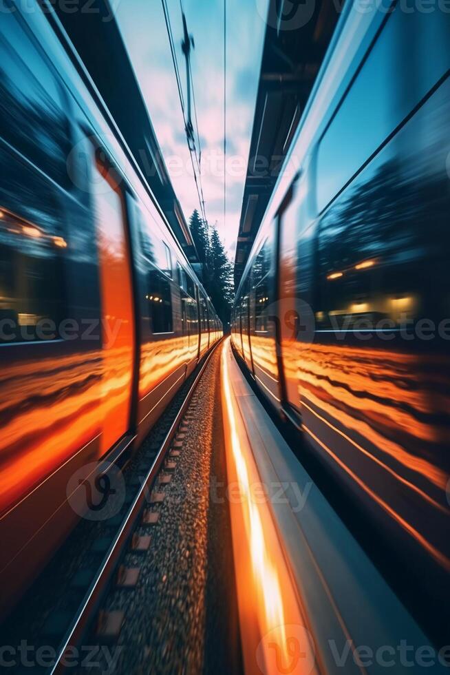 Mesmerizing Train Photography, Motion blur, reflection, speed, cinematic. AI generative photo