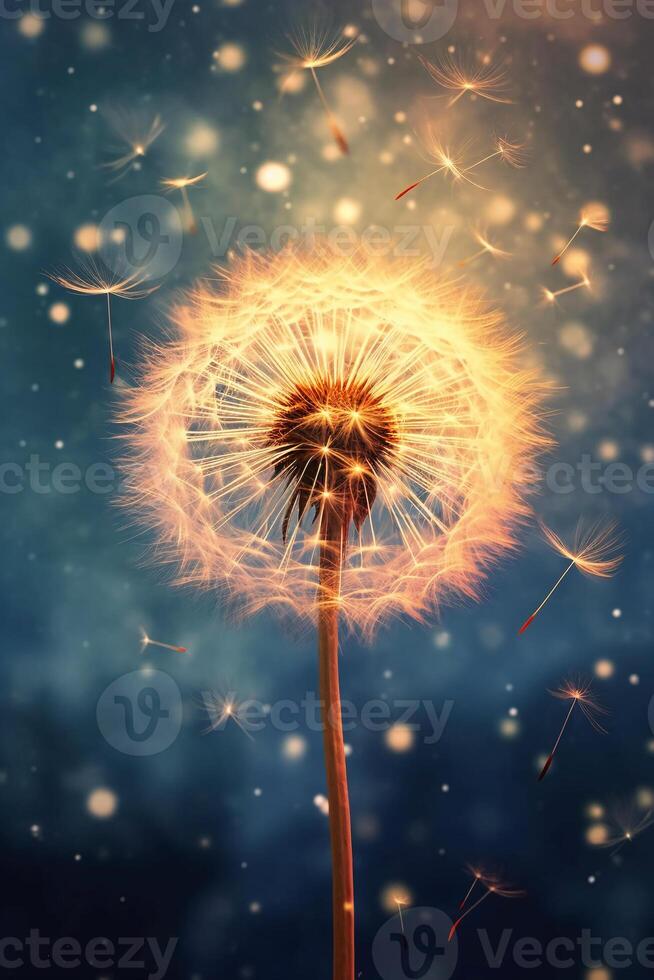 Dandelion seeds, tumbling through the air. AI generative photo