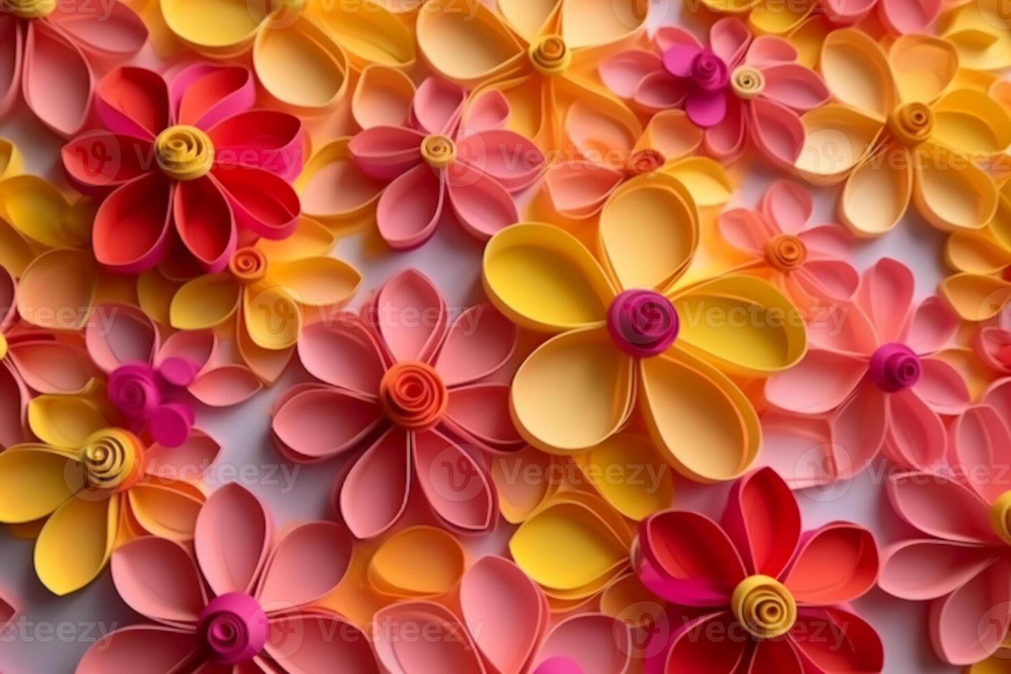 3D yellow and pink flowers layered forms, paper quilting pattern, vibrant colors. photo