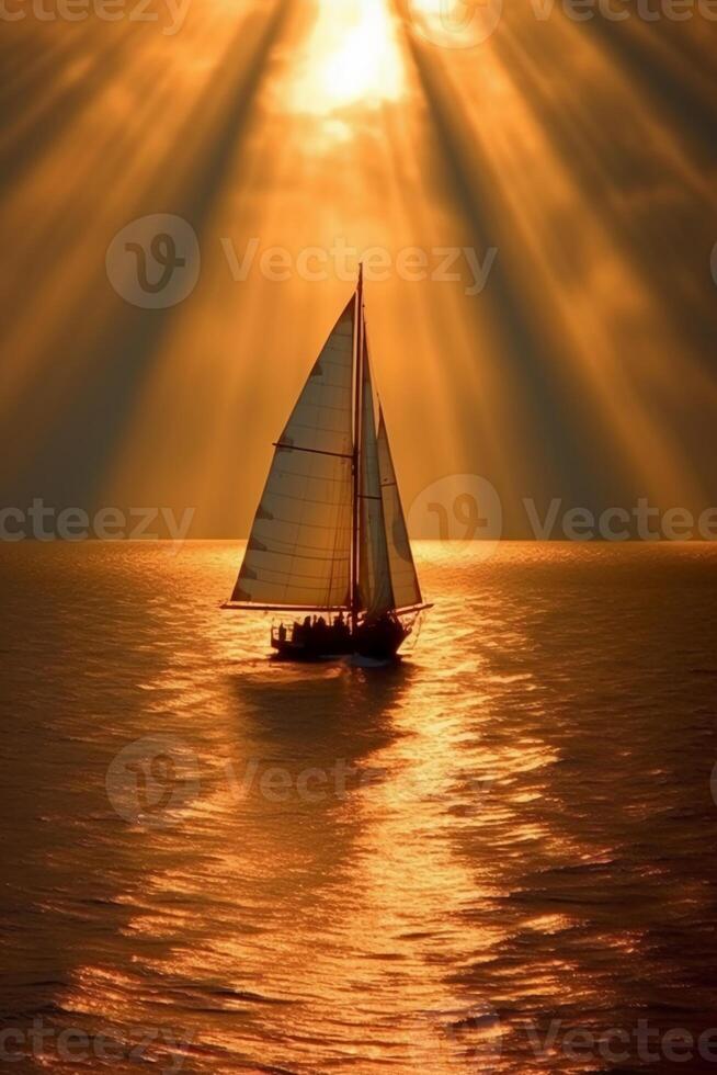 paño, atardecer, vela barco paño o Windsurfing. ai generativo foto