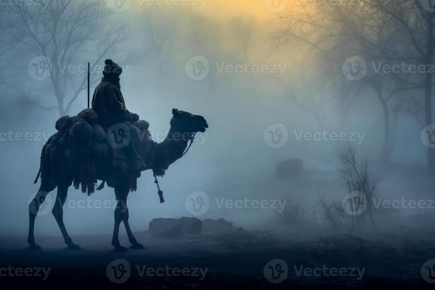 Soldier on a camel, foggy area, silhouette. photo