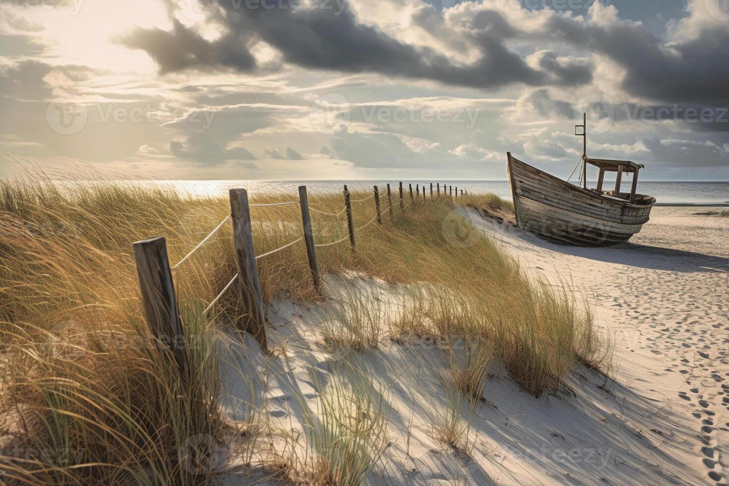 A photograph of a deserted beach with an old broken fence running along the dunes in the foreground and clusters of sea oats. AI generative photo