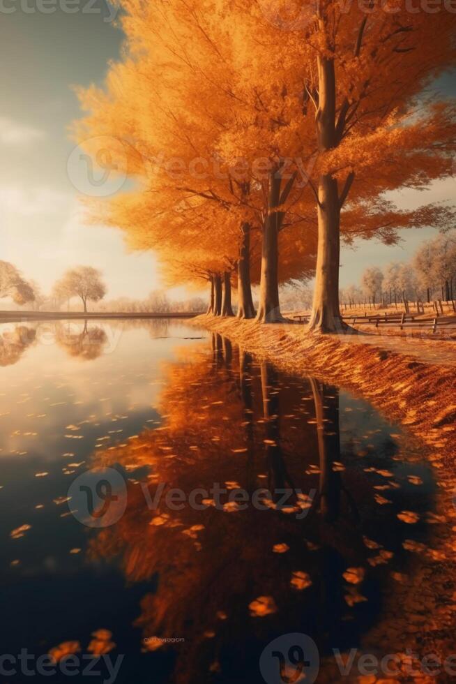 Stunning detail reflection of the golden and orange katsura trees around the natural round lake. photo