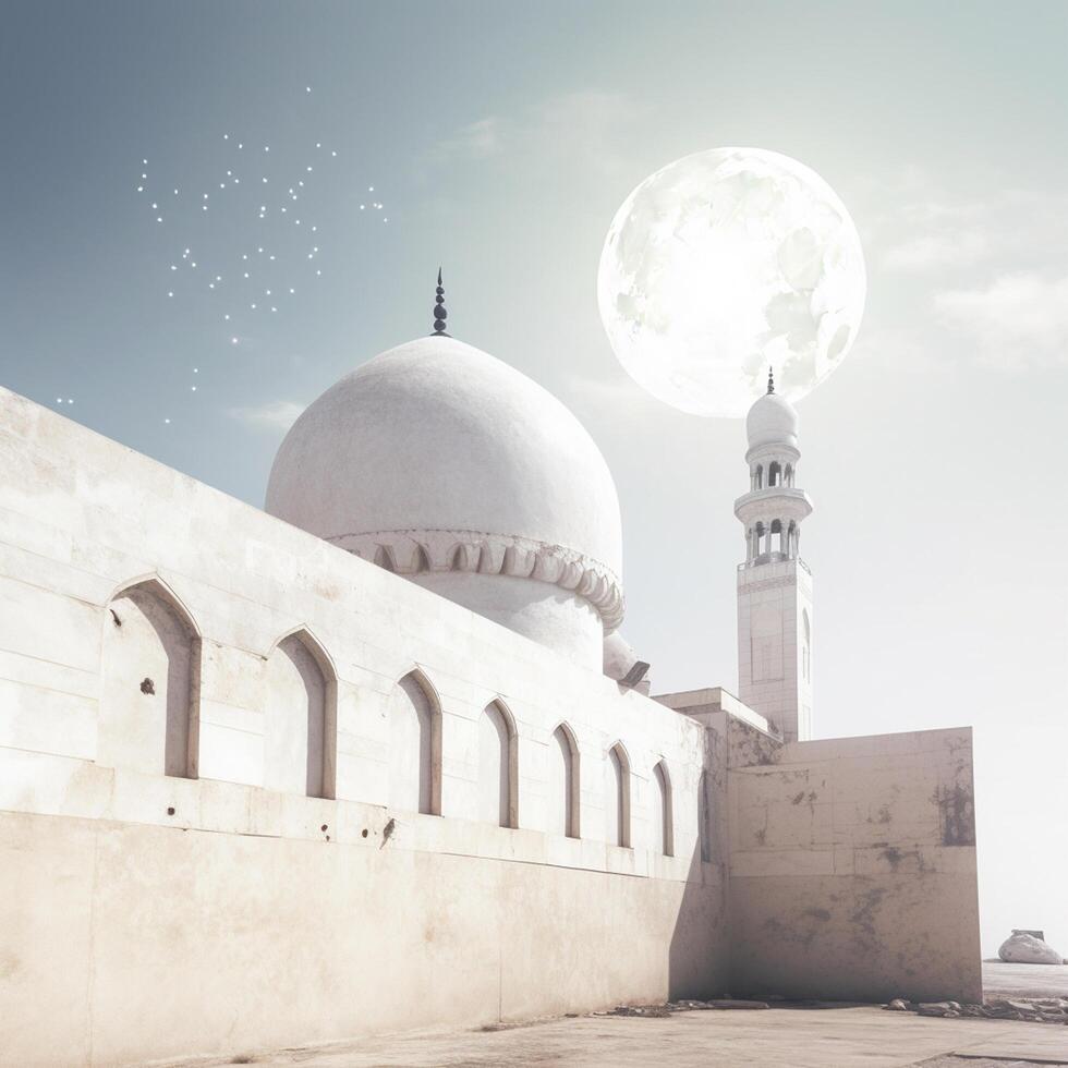 realistic eid al adha mubarak greeetings template luxurious grand mosque island background photo