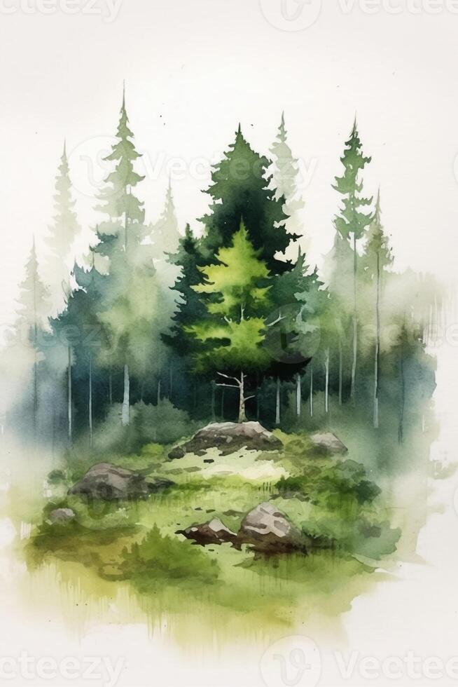 Simple forest design in water color style paitning. AI gnerative photo