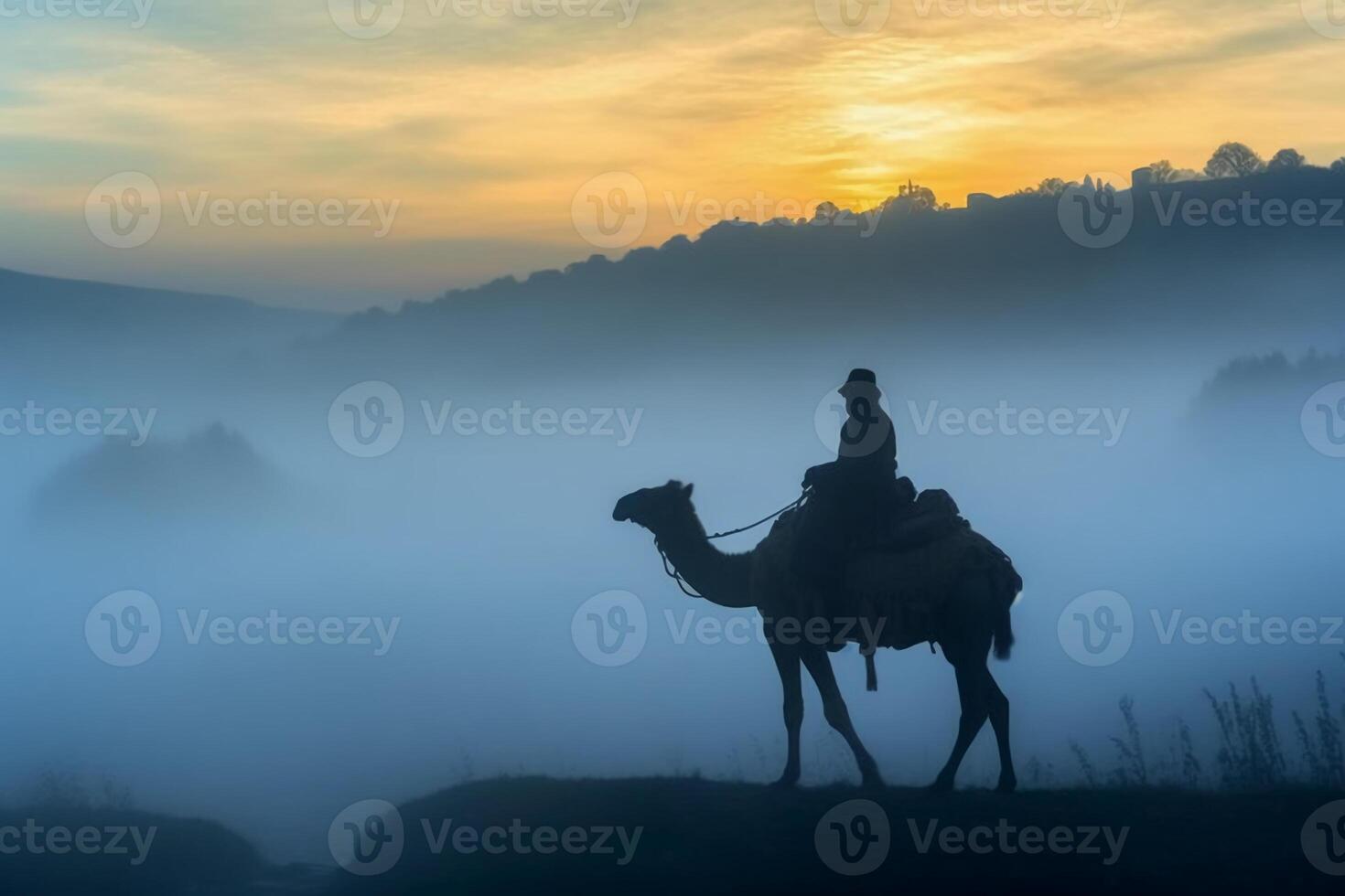 Soldier on a camel, foggy area, silhouette. photo