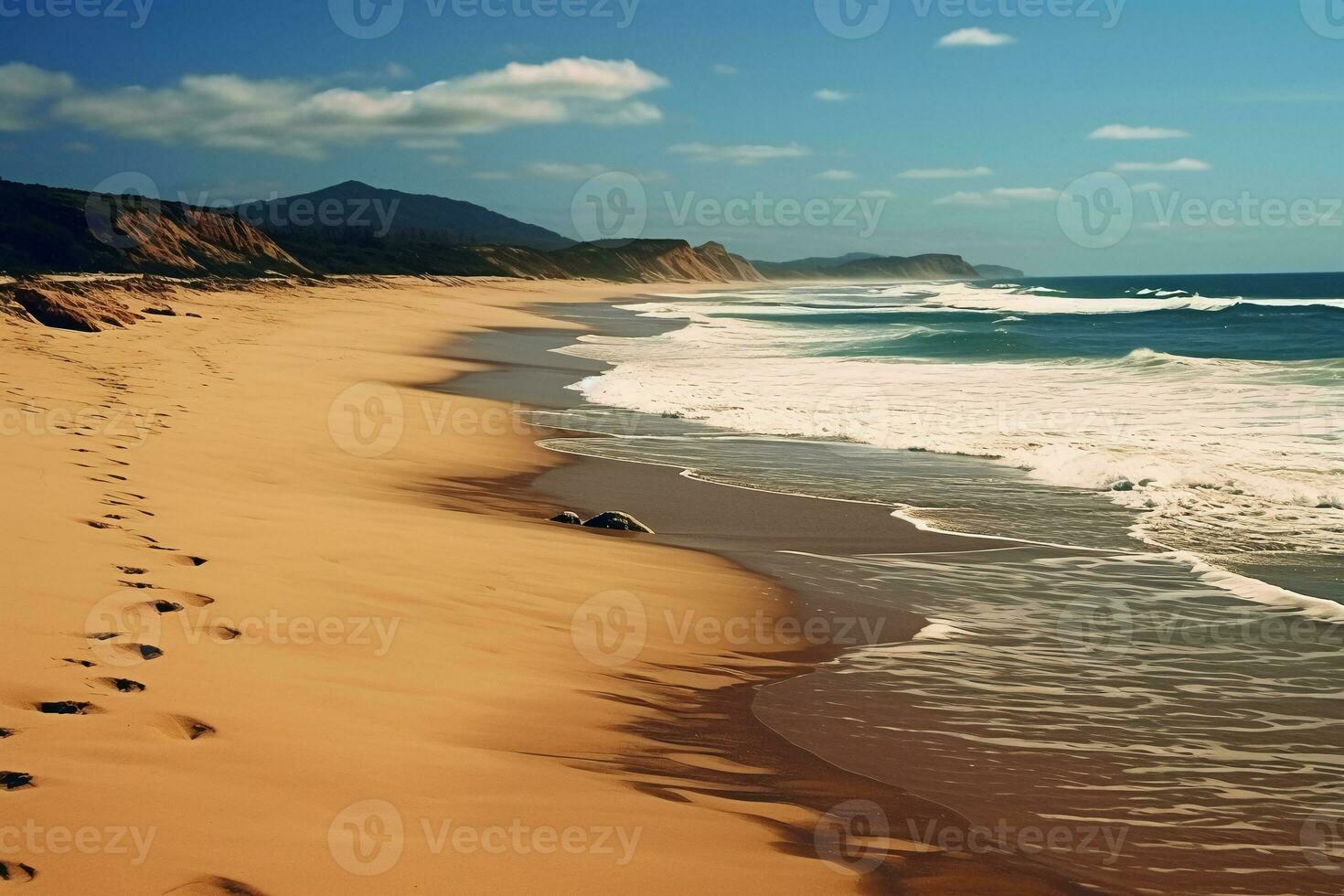Blue sky and sandy beach. AI generative photo