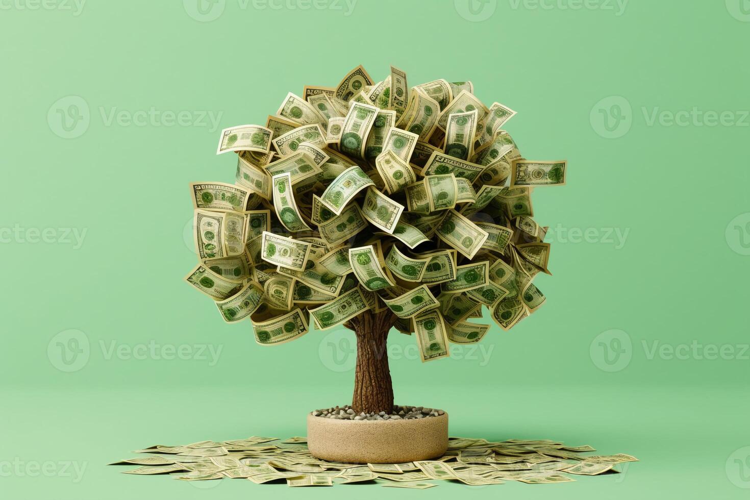 Money tree with dollars instead of leaves on a lightgreen empty background. photo