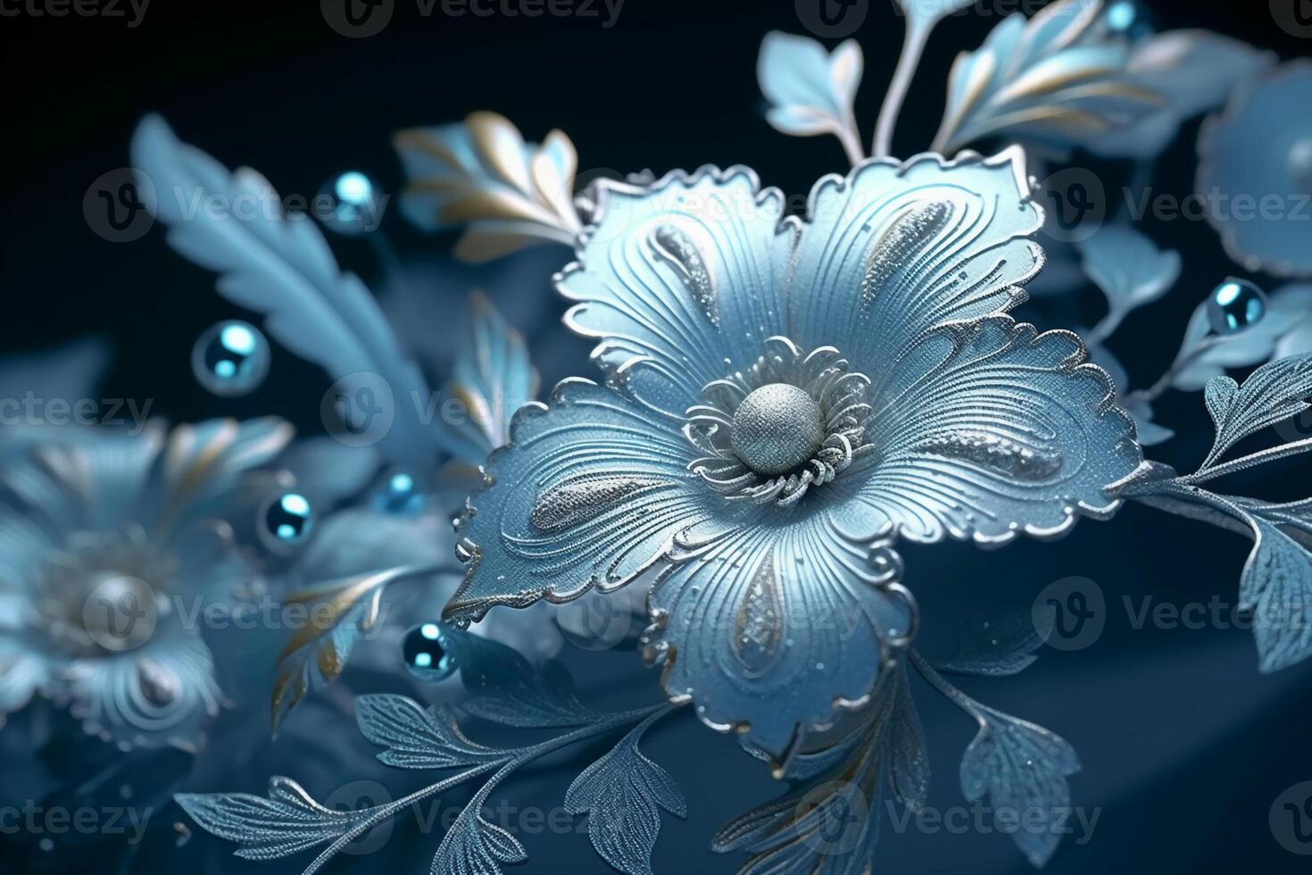 Blue flowers with ornaments on blue background. AI generative photo