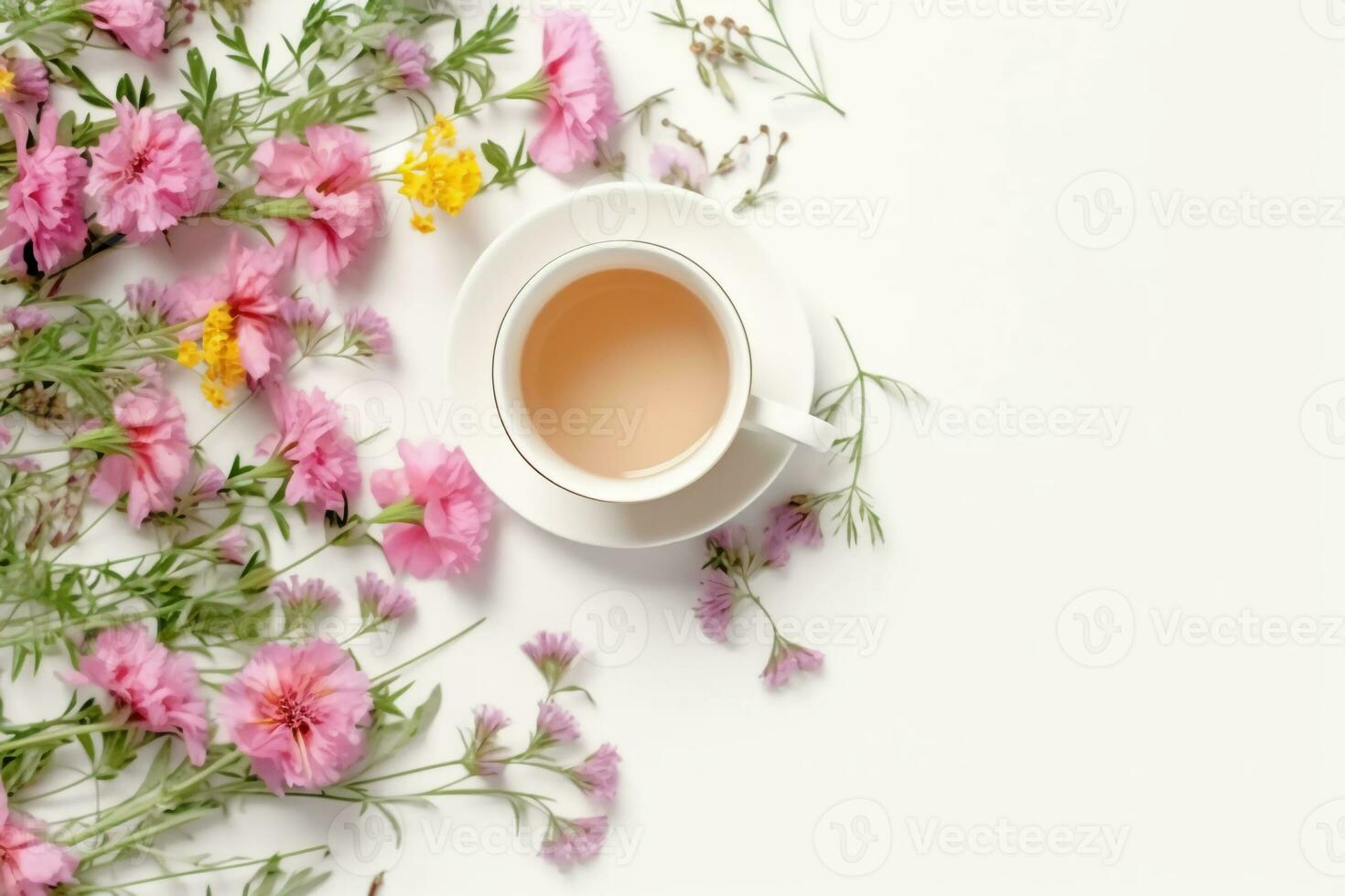 Floral banner and cup of tasty tea. AI generative photo