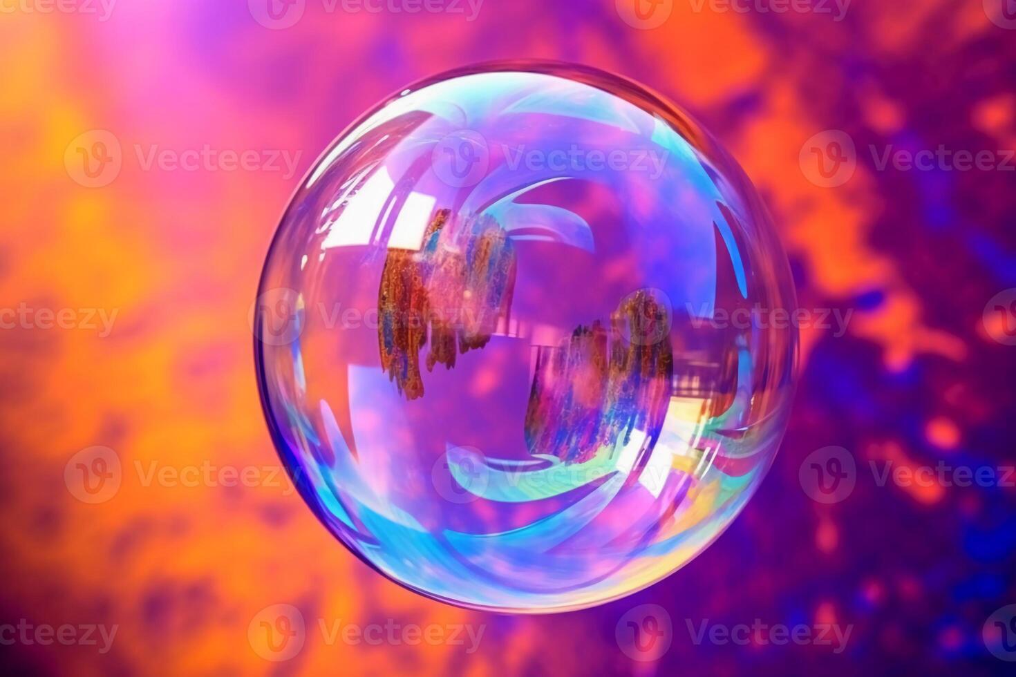 Iridescent soap bubble on multicolored background. AI generative photo