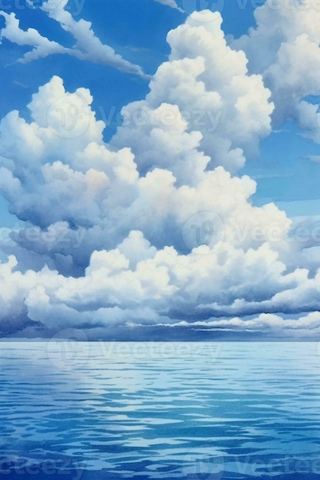 A Blue Sky with White Clouds is Painted with Watercolor Paint on