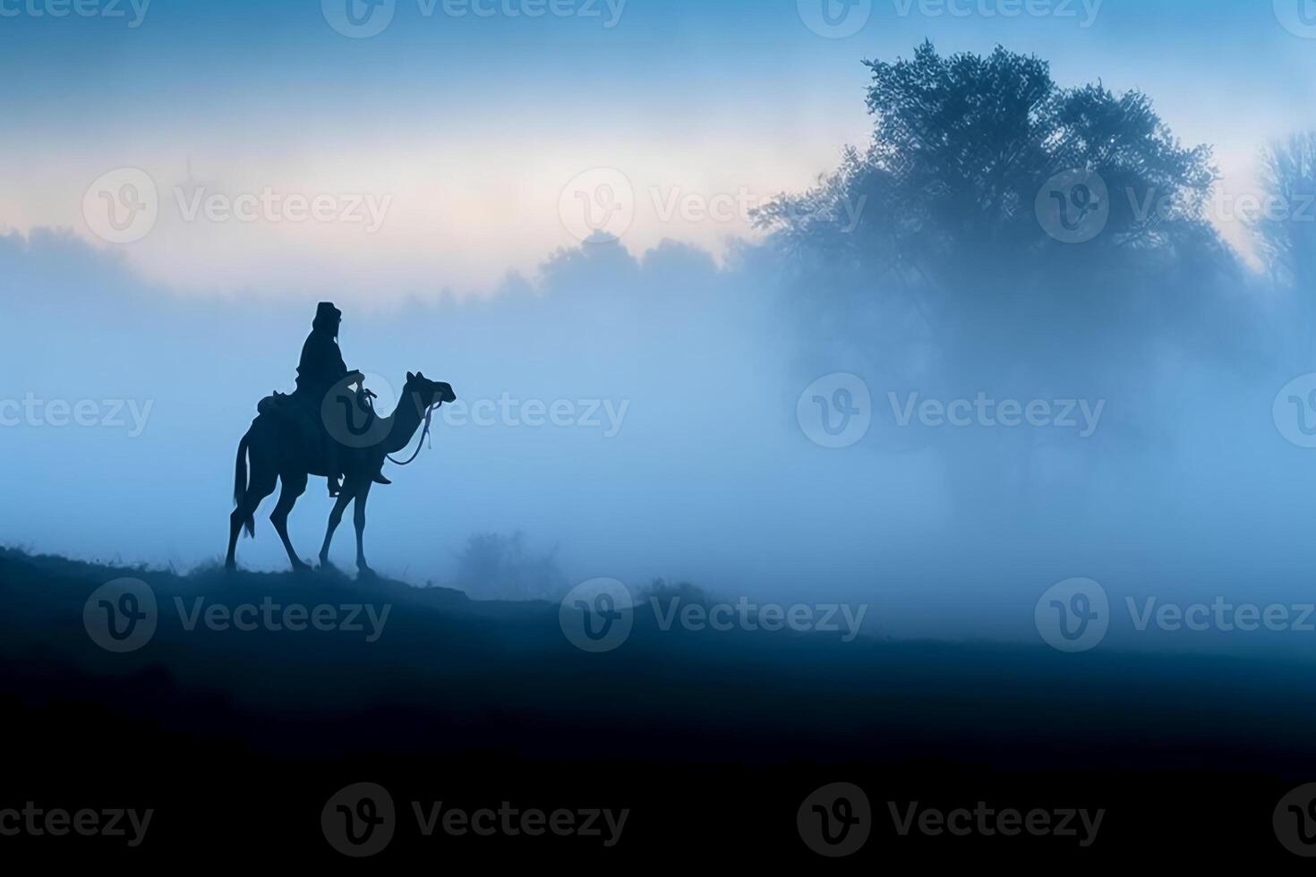 Soldier on a camel, foggy area, silhouette. photo