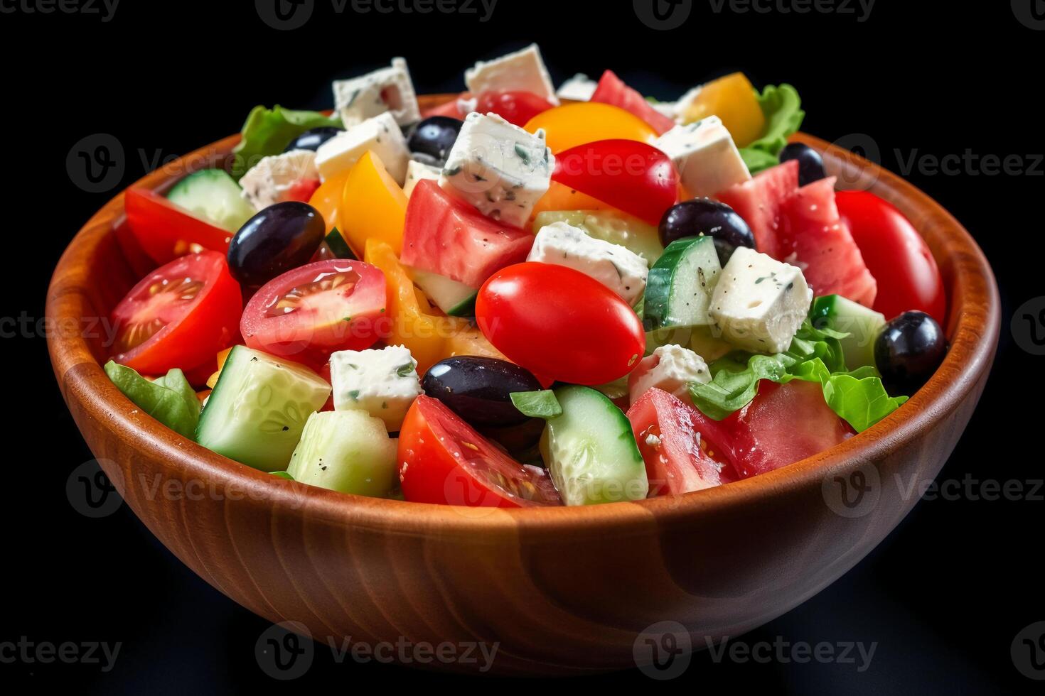 Greek salad vibrant colors bright summer photo hyper realistic high definition sharp.