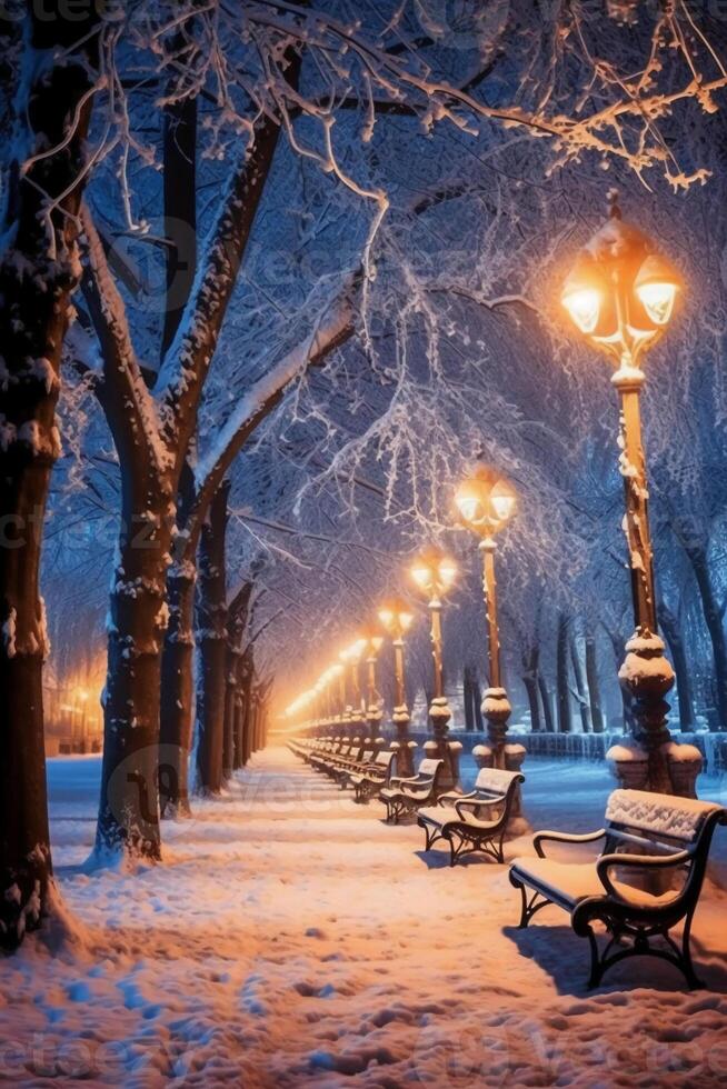 Winter park at night with trees covered with snow, benches and lanterns. photo