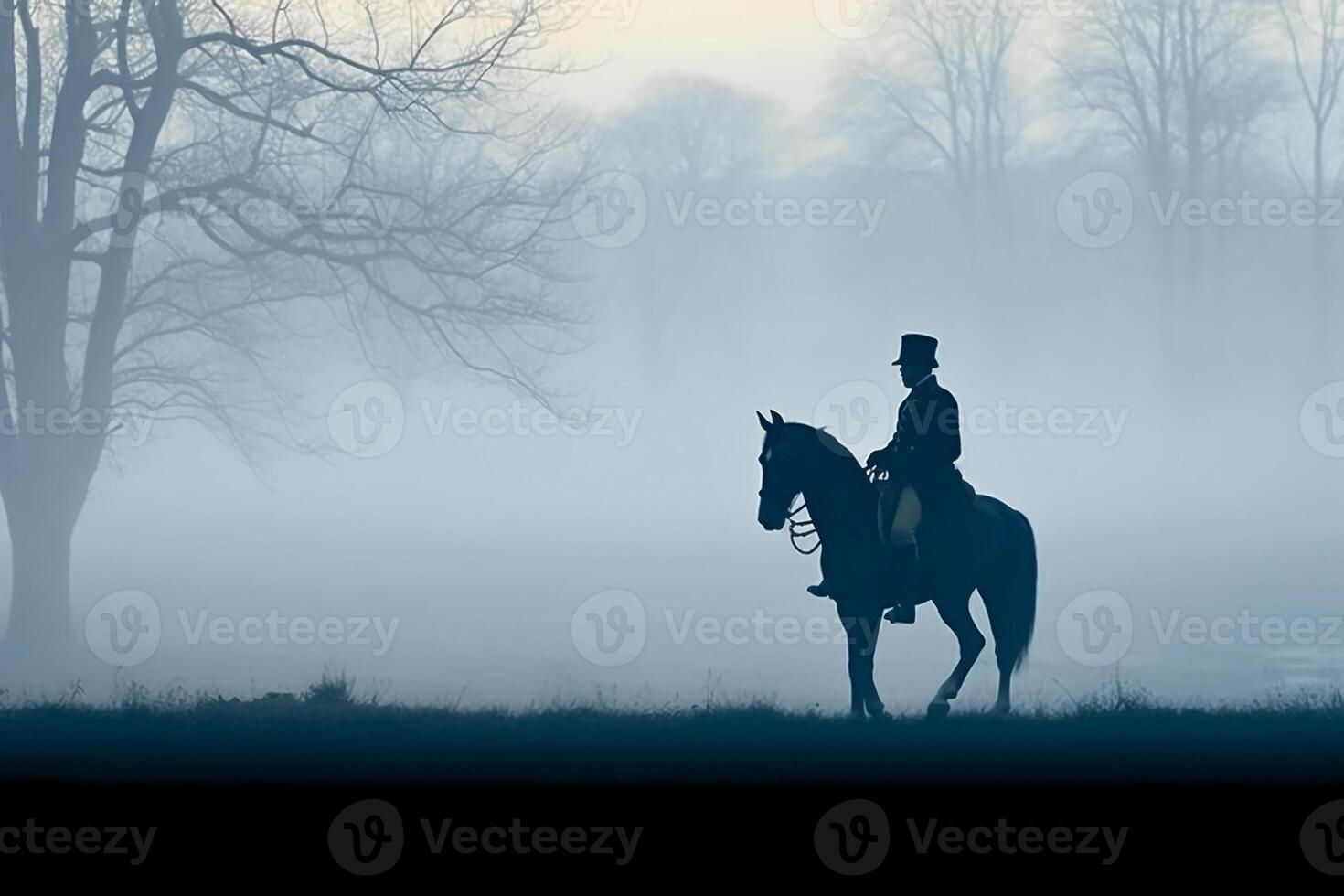 Soldier on a horse, foggy area, silhouette. photo