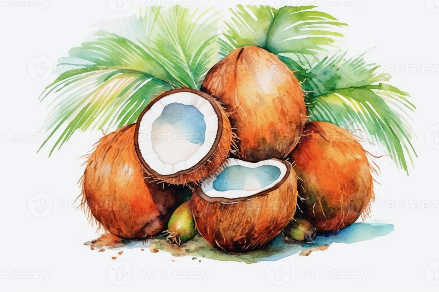 Quirky coconuts in palm trees in the style of watercolor painting, on a white background. photo