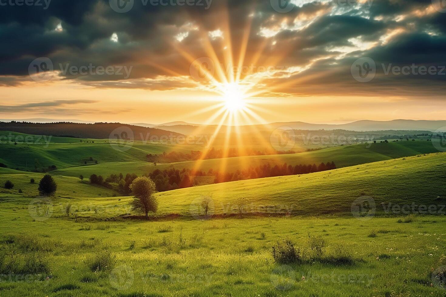 The sun rises over a hillside with grassy fields and an area with a hill. AI generative photo