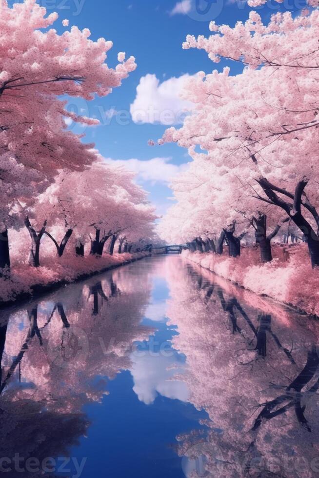 Cherry blossom elegant blue sky background. photo