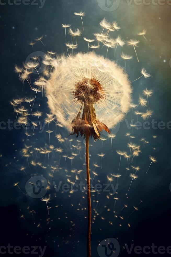 Dandelion seeds, tumbling through the air. AI generative photo